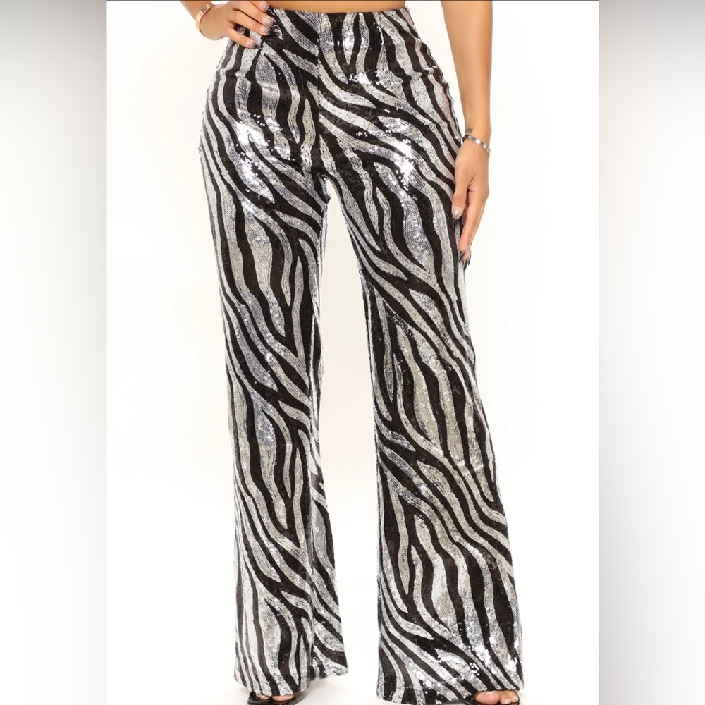 COPY - Black/silver sequin pants 
Zebra print, High wasted, Wide leg